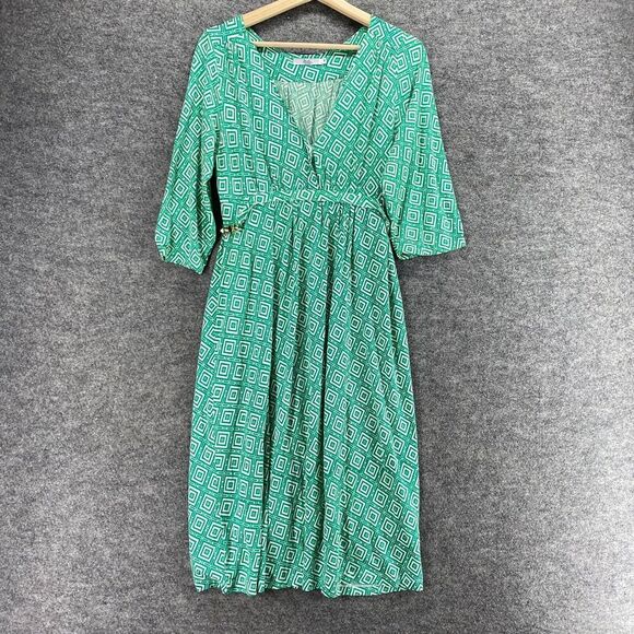 Daslu Dress Women M Medium Green Geometric 3/4 Sleeve Sheath Midi V-Neck Casual - Picture 1 of 8